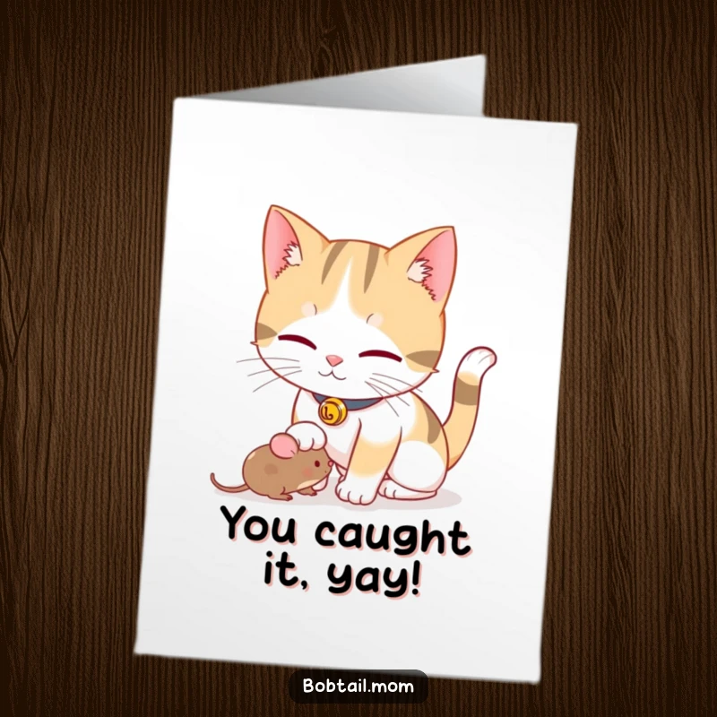 Funny Free Printable Congratulations Card: Playful Bobtail cat with bell collar nudging a toy mouse, celebrating a successful hunt.