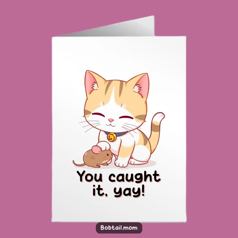 Free Printable Playful Bobtail Cat Congrats Card - Funny DIY Downloadable Gift for Victories