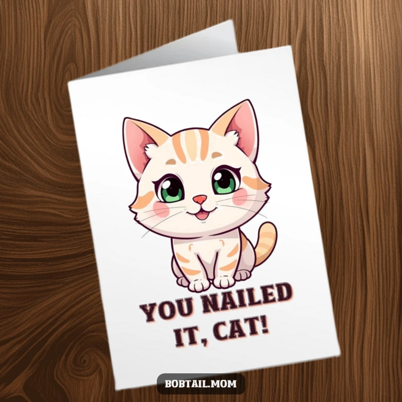 Funny Free Printable Congratulations Card: A happy Bobtail cat with a curious expression and gaze.