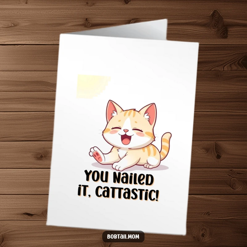 Funny Free Printable Congratulations Card: A charming Bobtail cat lets out a big, happy yawn while basking in sunlight.