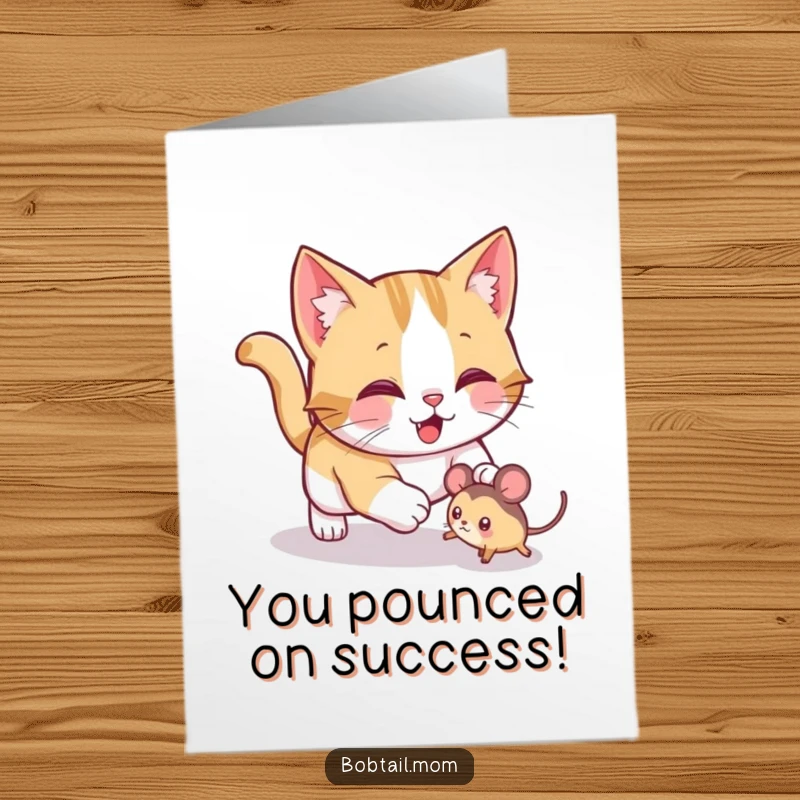 Funny Free Printable Congratulations Card: A jolly Bobtail cat playfully pouncing with enthusiasm on a squeaky toy mouse.
