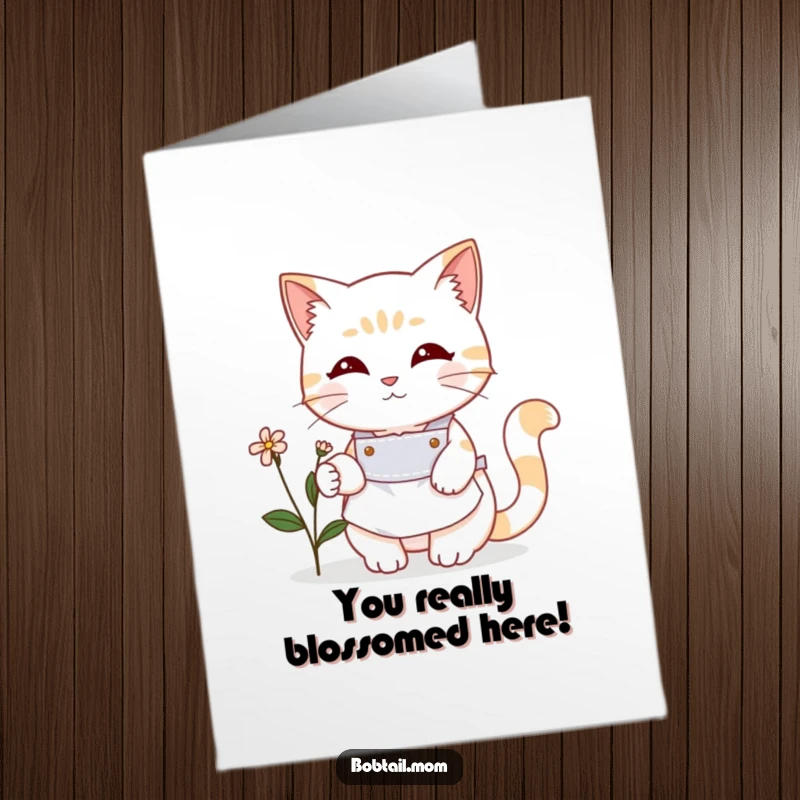 Free Printable congratulations card: A Bobtail cat wearing an apron, nurturing a small, blossoming flower.