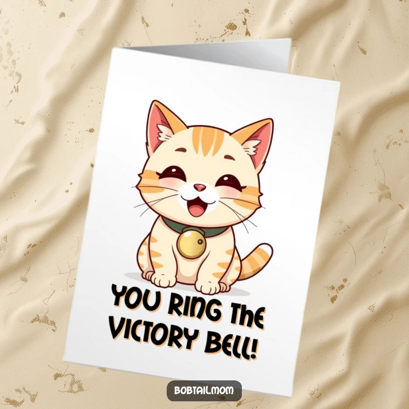 Funny Free Printable Congratulations Card: Happy Bobtail cat with bell collar purring loudly, celebrating success with joyful sound.