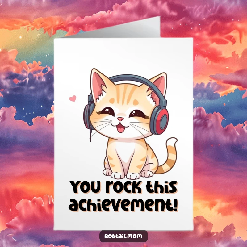 Funny Free Printable Music Cat Congratulations Card: Bobtail cat in headphones vibing to music, celebrating good news joyfully.