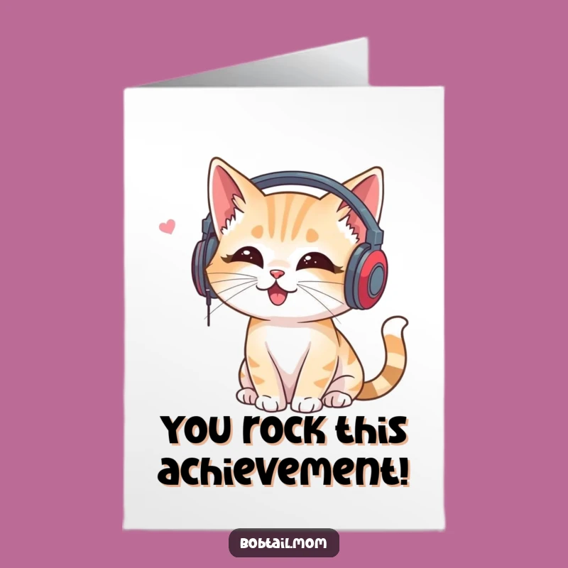Free Printable Music Cat Congrats Card: Groovy Bobtail Funny Downloadable Gift for Celebrations