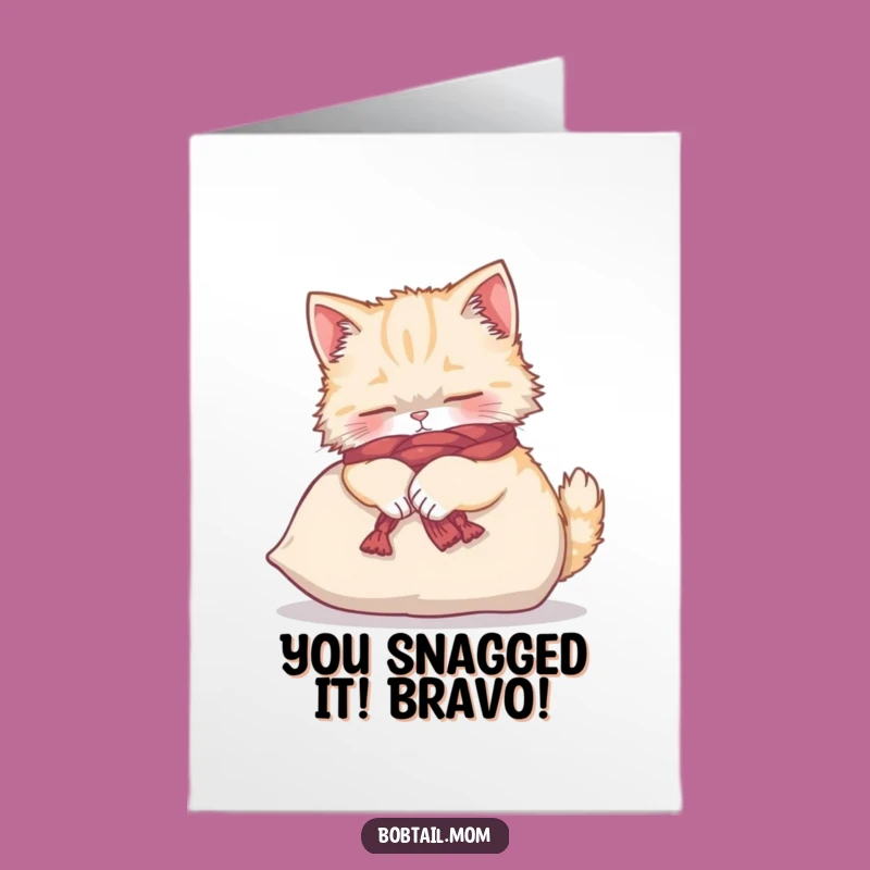 Free Printable Bobtail Cat Congratulations Card: Funny Kneading Cat Card for Any Achievement