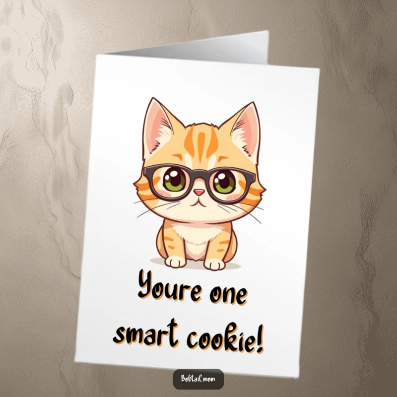 Free Printable Congratulations Card: A studious bobtail cat wearing large spectacles with an inquisitive expression.