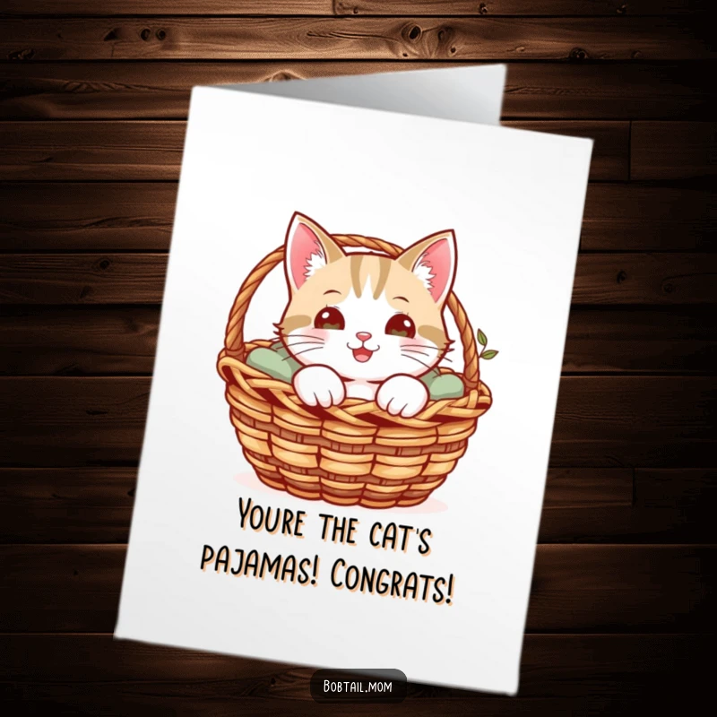 Funny Free Printable Congratulations Card: A cute Bobtail cat is peeking out curiously from a soft, cozy basket.