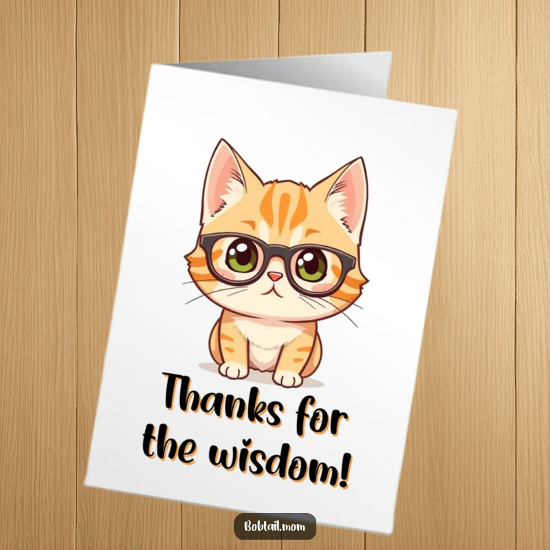 Funny Free Printable Thank You Card: A bobtail cat with big glasses peering with curiosity and charm.