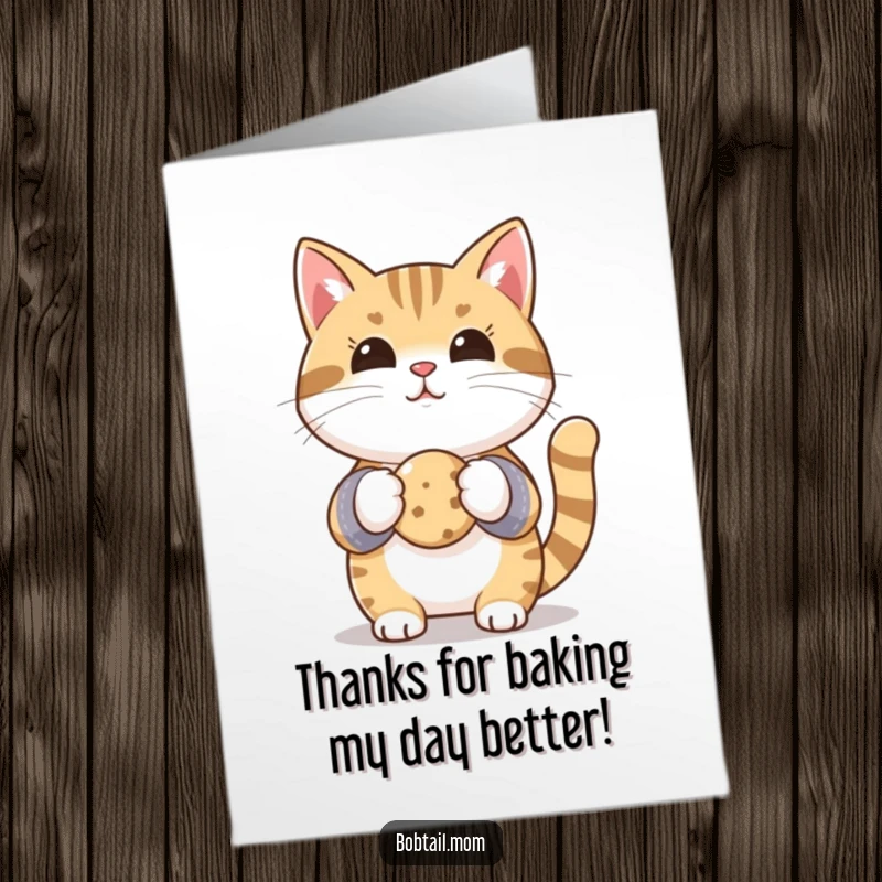 Funny Free Printable Thank You Card: Bobtail cat wearing oven mitts, gleefully holding a tiny cookie, expressing thanks with a sweet gesture, easy to print.