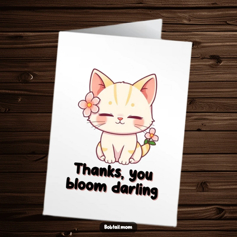 Funny Free Printable Thank You Card: A serene bobtail cat with a flower behind its ear conveys thanks.