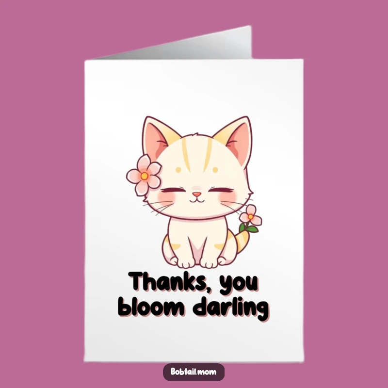 Free Printable Bobtail Cat Thank You Card: Floral Cat Serene Funny Downloadable Gift