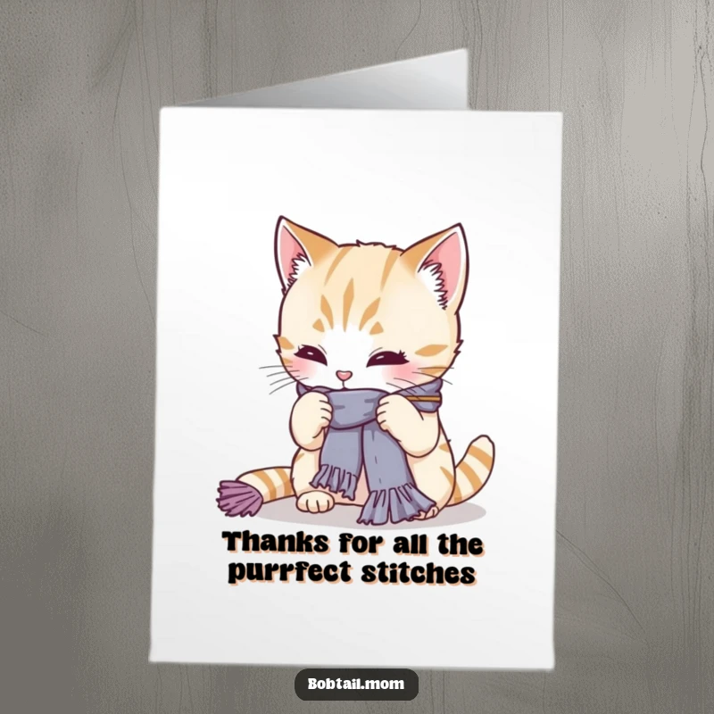 Funny Free Printable thank you card: Bobtail cat diligently knitting, showing its effort and thanks.