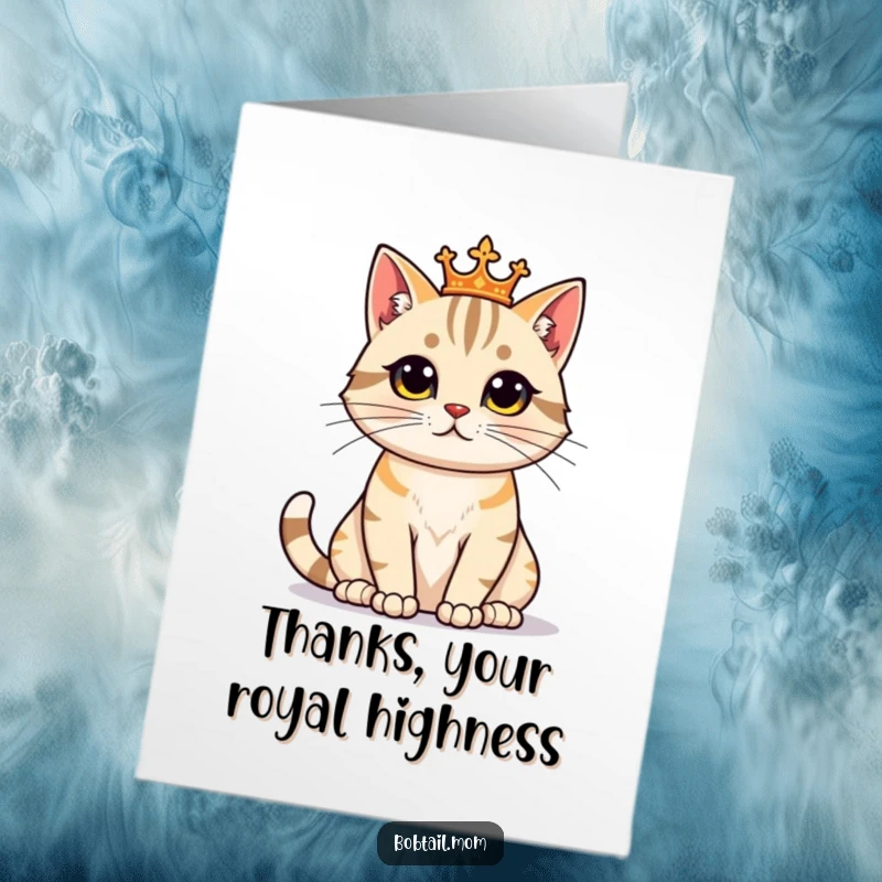 Funny Free Printable Thank You Card: A regal bobtail cat with a proud expression sits, conveying thanks.