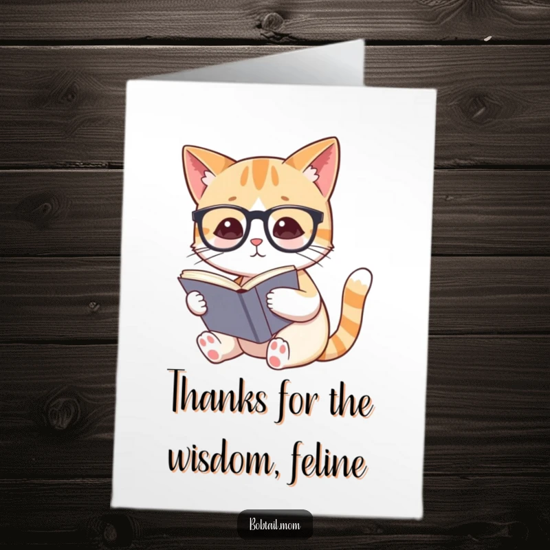 Funny Free Printable Bobtail Cat wearing spectacles, reading a book, expressing thanks with a sophisticated vibe.