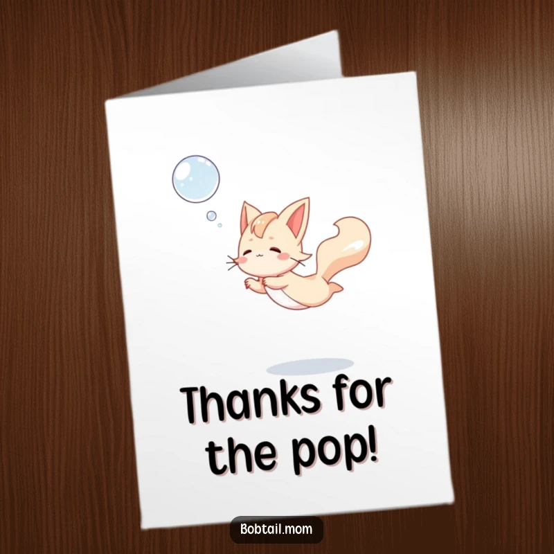 Funny Free Printable Thank You Card: A Bobtail cat leaps with grace towards a floating bubble, expressing playful thanks.