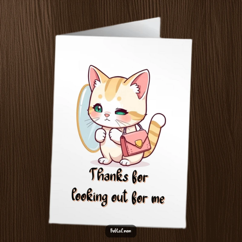 Funny Free Printable thank you card: A Bobtail cat with a small purse looking intently at its reflection.