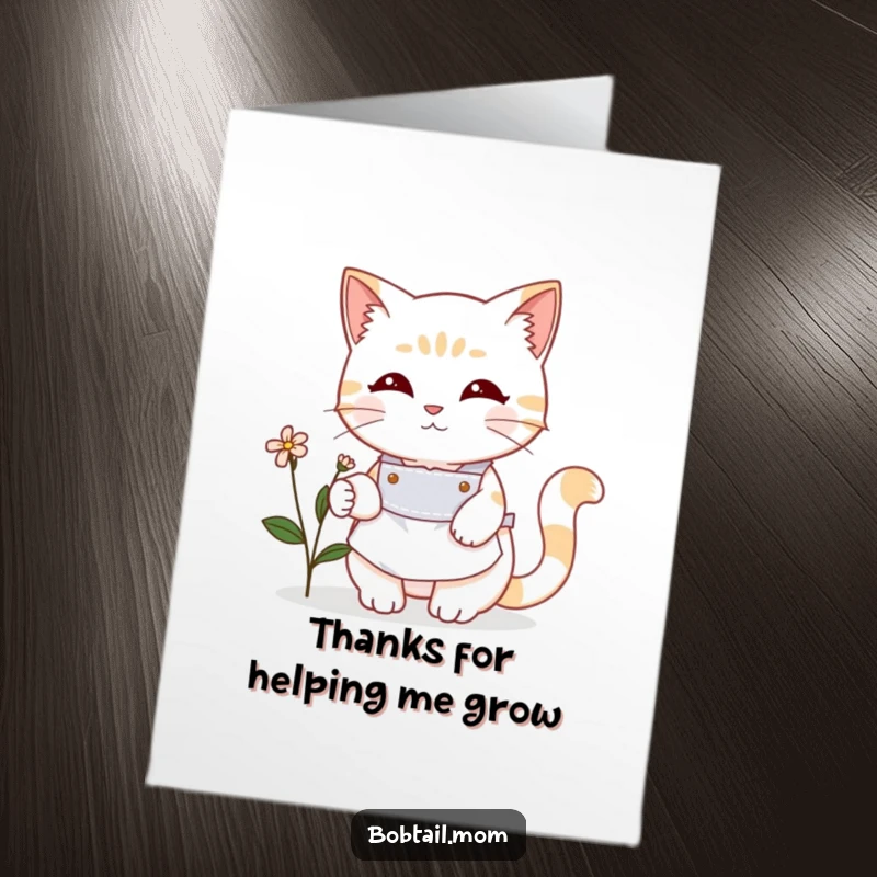 Funny Free Printable thank you card: A Bobtail cat in a cute apron tending to a small, delicate flower.