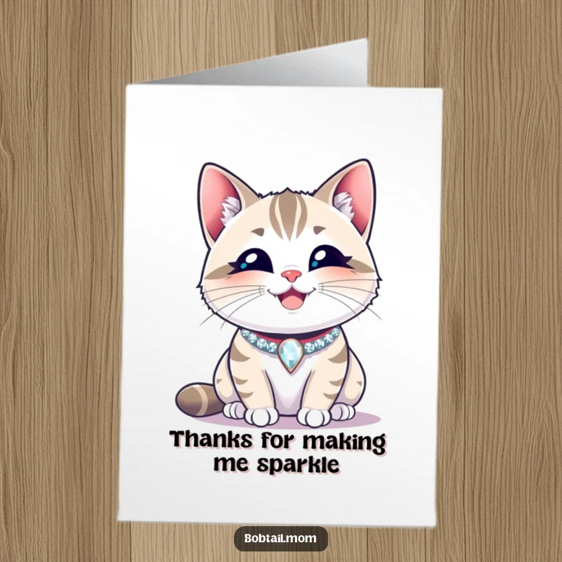 Funny Free Printable thank you card: A content Bobtail cat wearing a sparkling collar and smiling happily.
