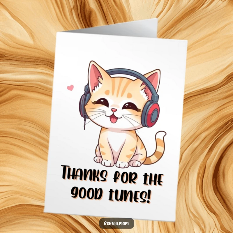 Funny Free Printable Music Cat Thank You Card: Bobtail cat wearing headphones, listening to music, expressing thanks happily.