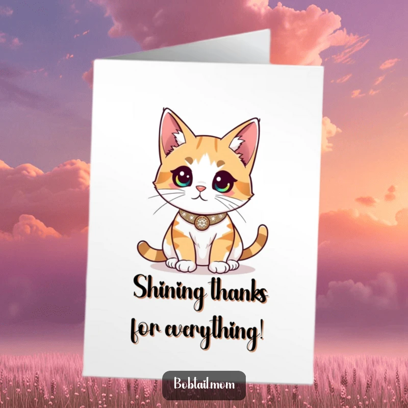 Funny Free Printable Thank You Card: Bobtail cat wearing a sparkly collar, surveying the room with elegant charm, expressing thanks, easy to print.