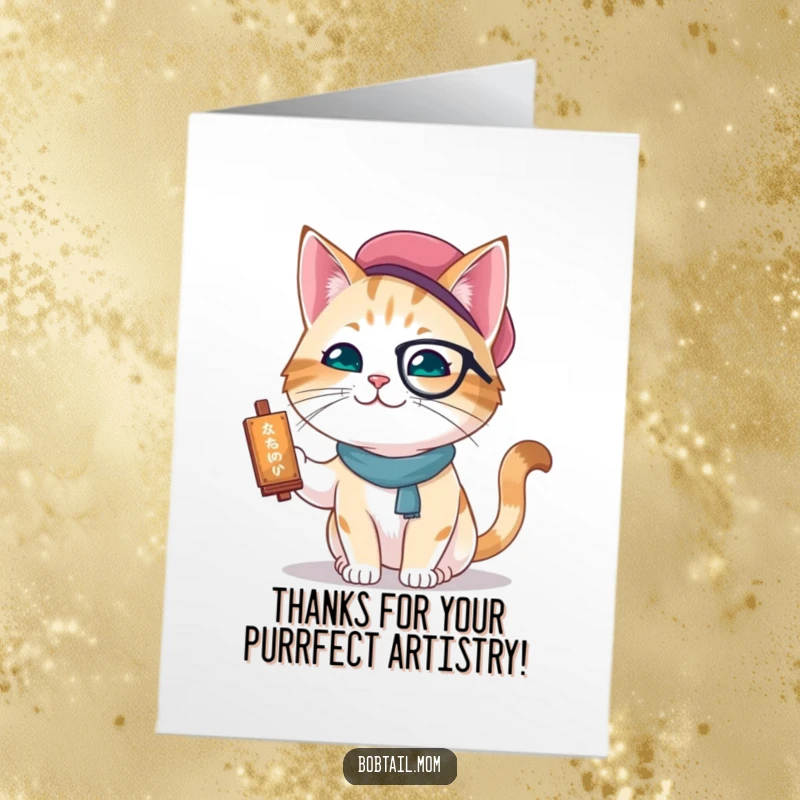 Funny Free Printable Thank You Card: A bobtail cat in a stylish beret is painting, creating a thank you masterpiece.