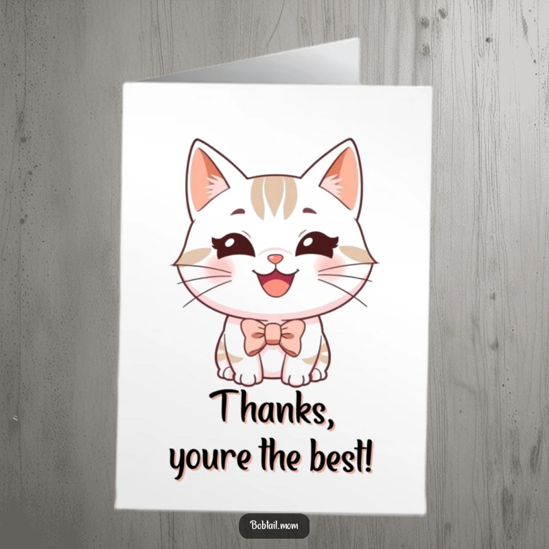 Funny Free Printable Thank You Card: A Bobtail cat with a big happy grin wearing a charming tiny bowtie.