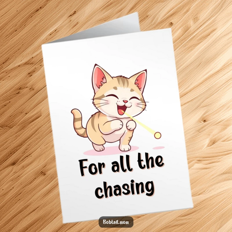 Funny Free Printable Thank You Card: Energetic Bobtail cat is completely focused on a tiny laser dot, mid-pounce.
