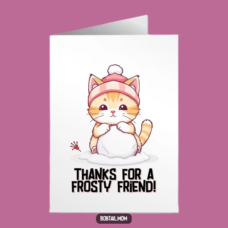 Free Printable Thank You Card: Bobtail Cat Winter Hat Snowball - Grateful - Downloadable