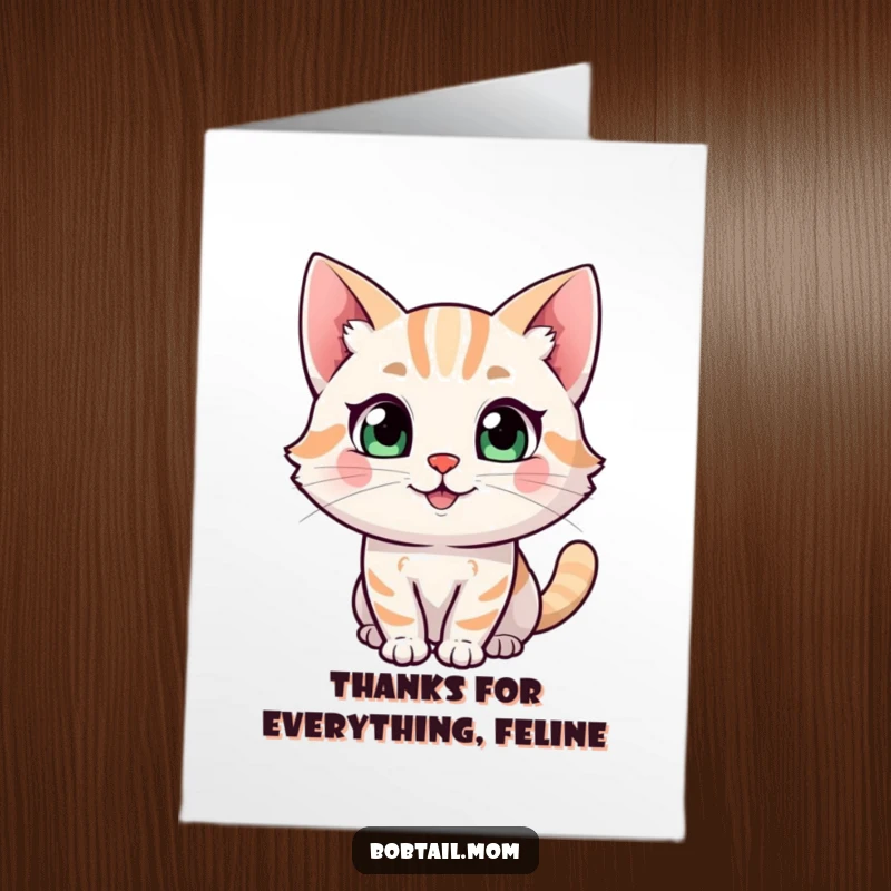 Funny Free Printable Thank You Card: a happy Bobtail cat with a curious look, conveying thanks.
