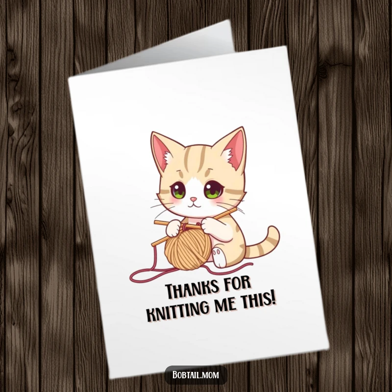 Funny Free Printable Thank You Card: A bobtail cat intently knits with yarn and a needle, crafting a thank you.