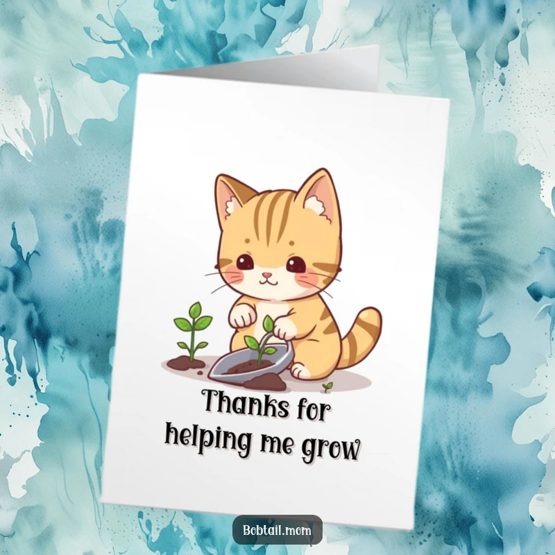 Funny Free Printable thank you card: a bobtail cat plants a small sprout with a gardening trowel, sending thanks.