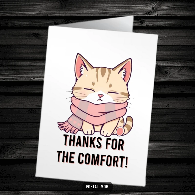 Funny Free Printable Thank You Card: A bobtail cat in a comfy scarf fast asleep, radiating peace.