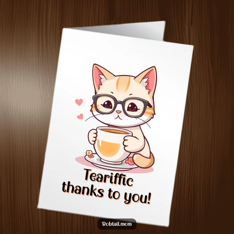 Funny Free Printable thank you card showcasing a bobtail cat wearing reading glasses while enjoying a peaceful cup of tea.
