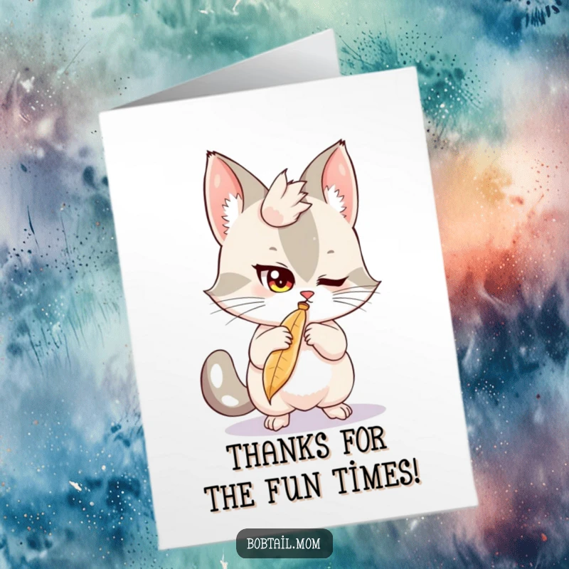 Funny Free Printable Thank You Card: A Bobtail with a mischievous glint, batting at a feather while saying thanks.