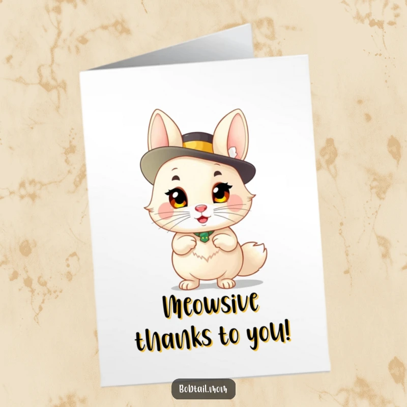 Funny Free Printable Thank You Card: Sassy Bobtail in a fancy hat, giving a hilariously grateful pose.