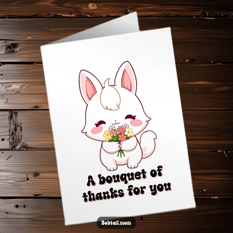 Funny Free Printable Thank You Card: A Bobtail with a shy smile, holding out a small bouquet of flowers.