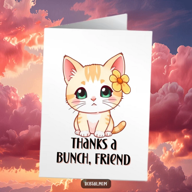 Cute Free Printable Thank You Card: Bobtail cat wearing a bright flower behind its ear, looking curiously grateful.