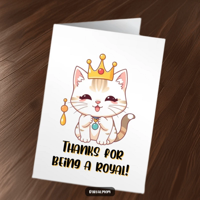 Funny Free Printable Royal Cat Thank You Card: Bobtail cat in a playful crown batting at a charm, saying thanks royally.