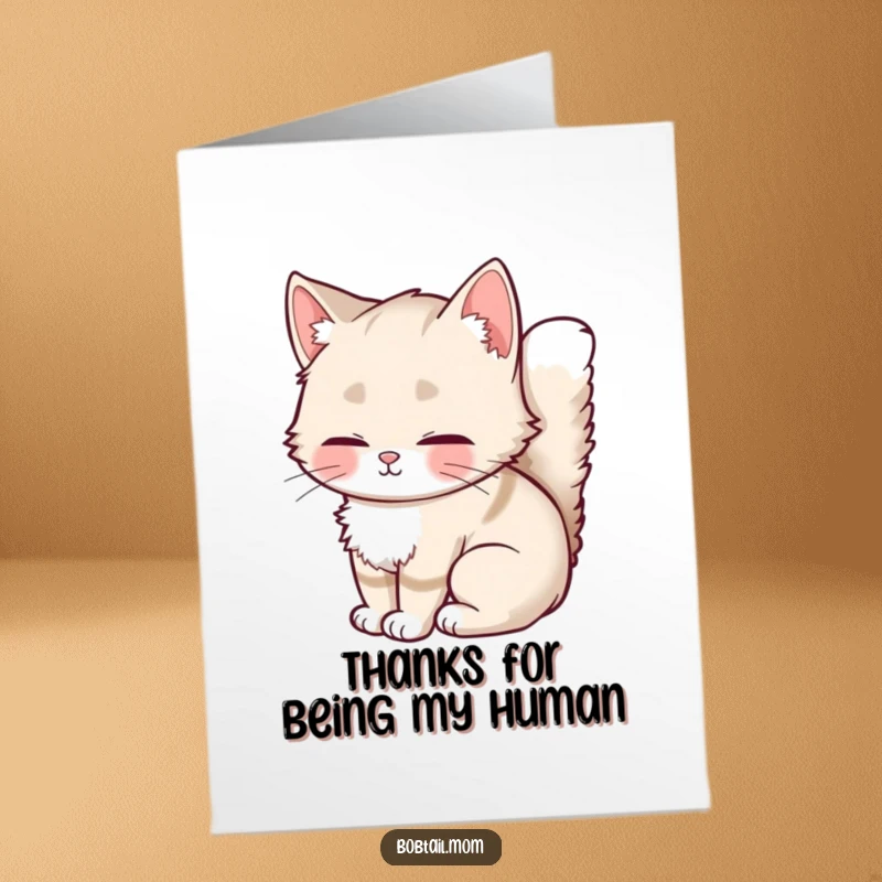 Funny Free Printable Thank You Card: A content Bobtail cat with a fluffy tail, relaxing peacefully, expressing thanks.