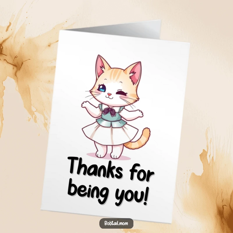 Funny Free Printable Bobtail Cat Thank You Card: Grateful Bobtail cat in a dress twirling, offering thanks with feline elegance.