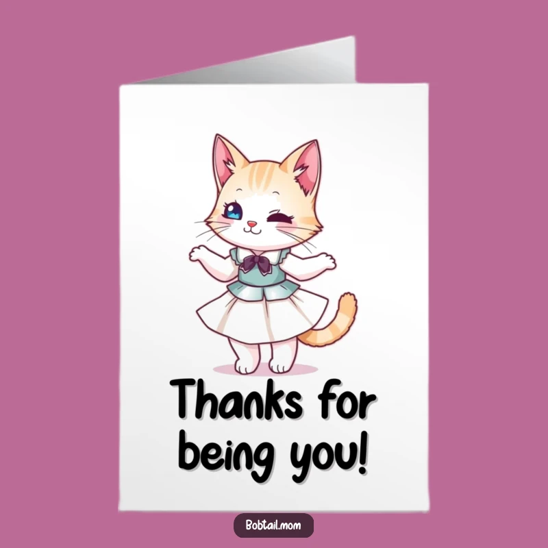 Free Printable Bobtail Cat Thank You Card: Chic Twirling Kitty Funny Downloadable Gift