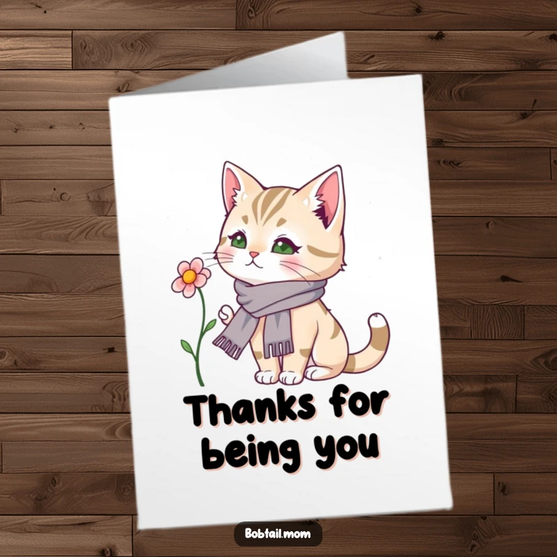 Funny free printable thank you card: Bobtail cat wearing a dainty scarf, admiring flowers, elegant downloadable art.