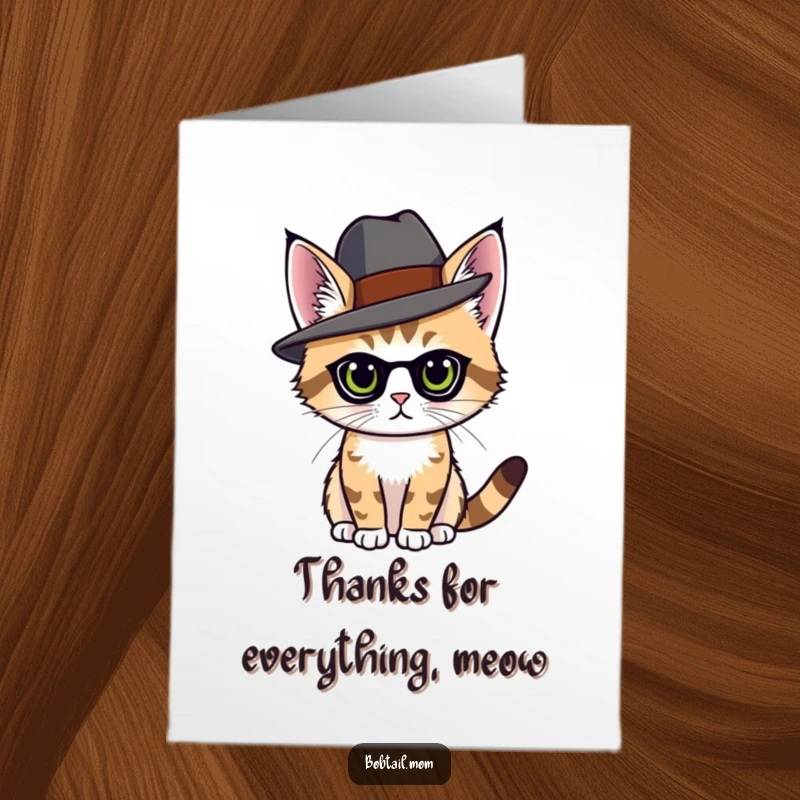 Funny free printable thank you card: A bobtail cat in a fashionable hat poses elegantly, extending a graceful thank you.