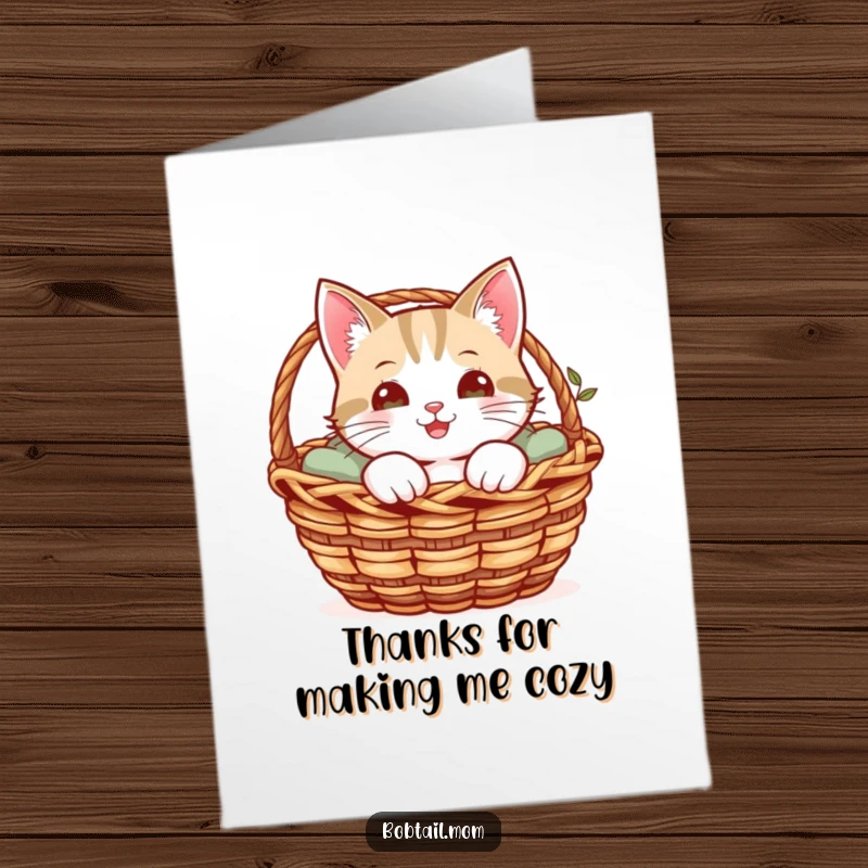 Funny Free Printable Thank You Card: A cheerful Bobtail cat peeks adorably from inside a warm, inviting basket.