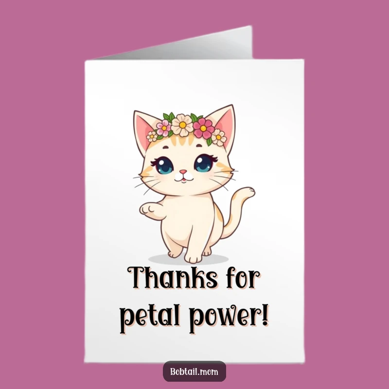 Free Printable Thank You Card: Bobtail Cat Flower Crown Prancing - Grateful - Downloadable