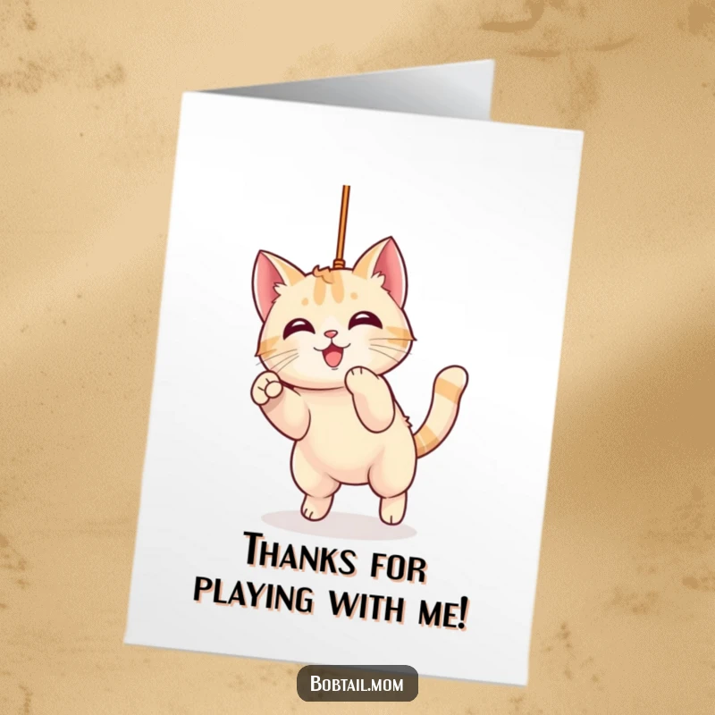 Funny Free Printable Thank You Card: Kawaii Bobtail Cat playfully pouncing, expressing adorable gratitude.