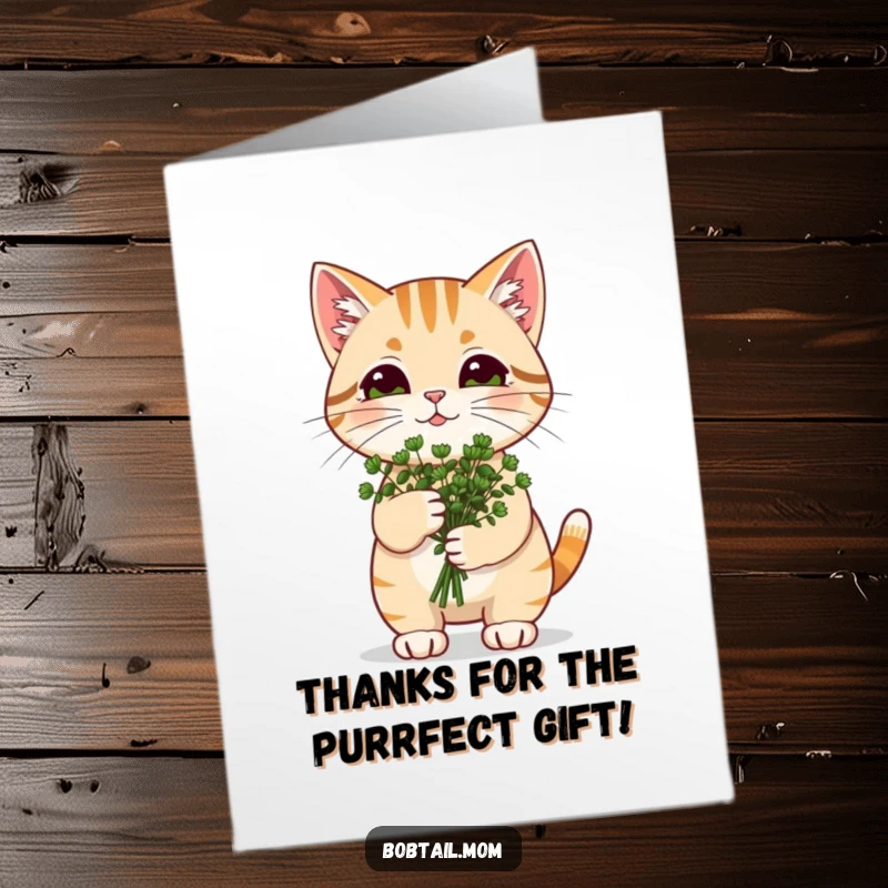 Funny Free Printable Catnip Cat Thank You Card: Bobtail cat holding a catnip bouquet, happily saying thank you.