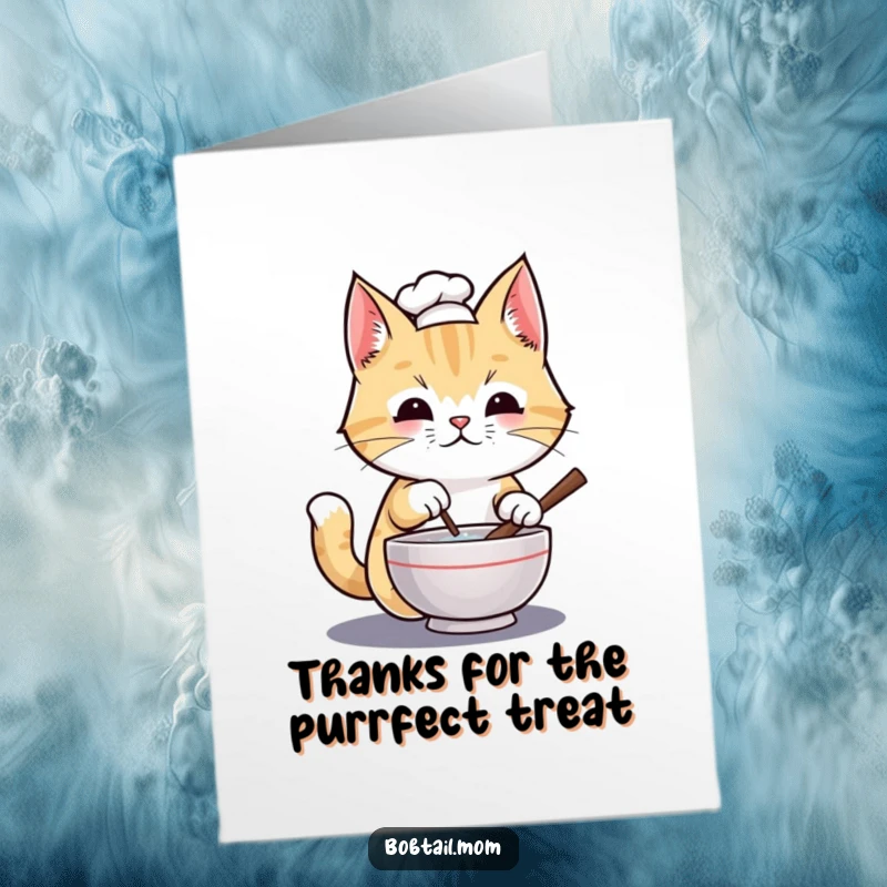 Funny Free Printable Thank You Card: Chef Bobtail cat in tiny hat stirring a bowl, offering a flavor of gratitude.