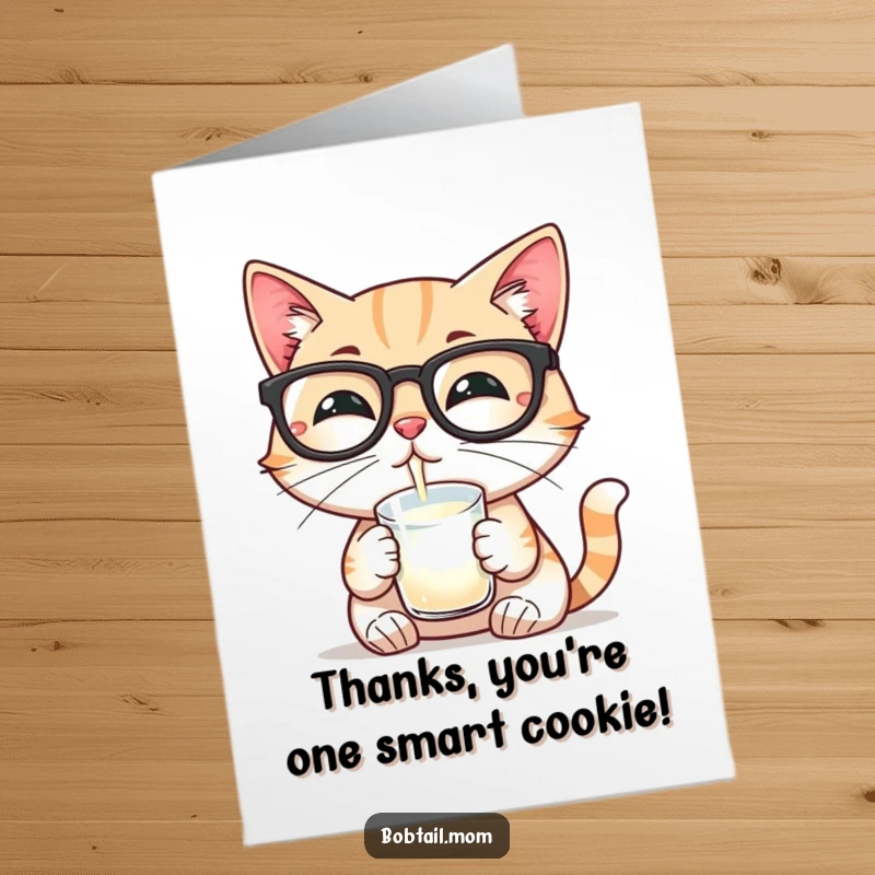 Funny Free Printable Thank You Card: A Bobtail cat wearing reading glasses sips milk, sending intelligent thanks.